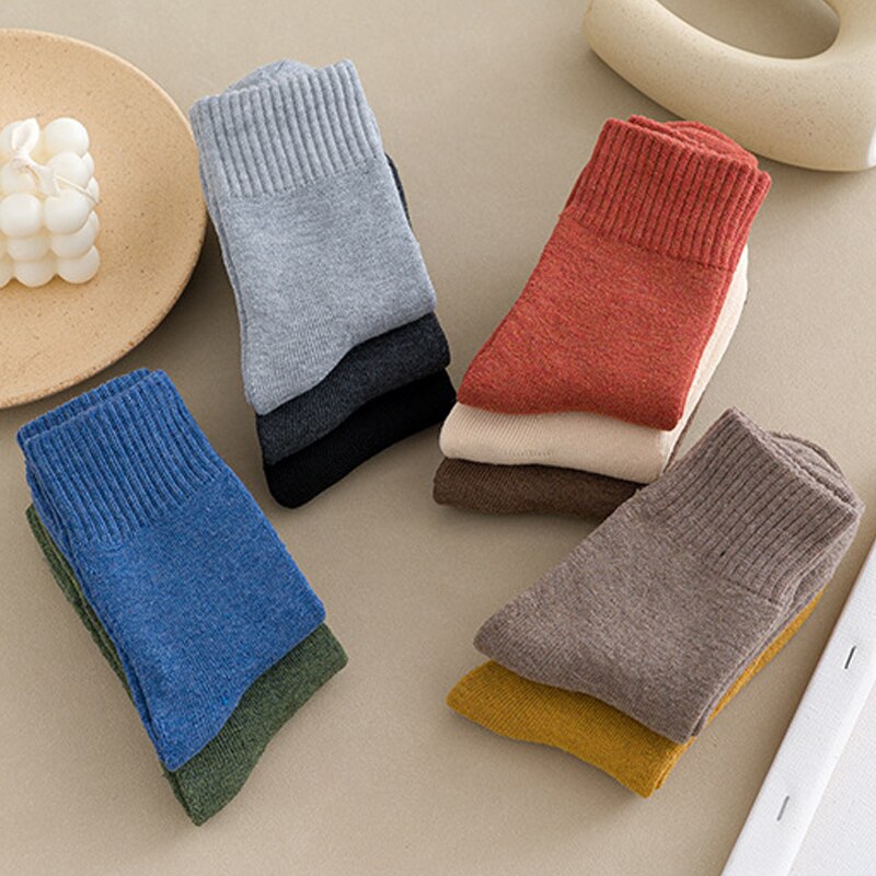 5 stuks/partij winterbadstof katoenen mix dikke warme sokken dames heren effen kleur bloemen hondenprint ademend casual crew sokken