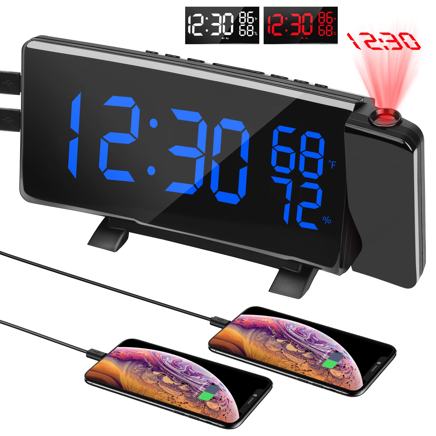 Digital LED Projection Alarm Clock FM Radio Curved Screen 3 Colors Rotating Projector Table Clock with Temperature Desk Watch