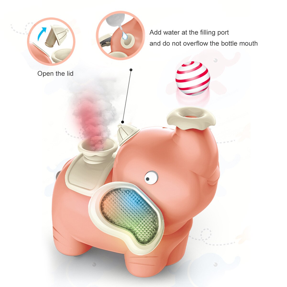 Balle flottante d&#39;éléphant pour enfants, jouets avec musique légère, humidificateur à effet de fumée, jeu interactif pour bébé rampant