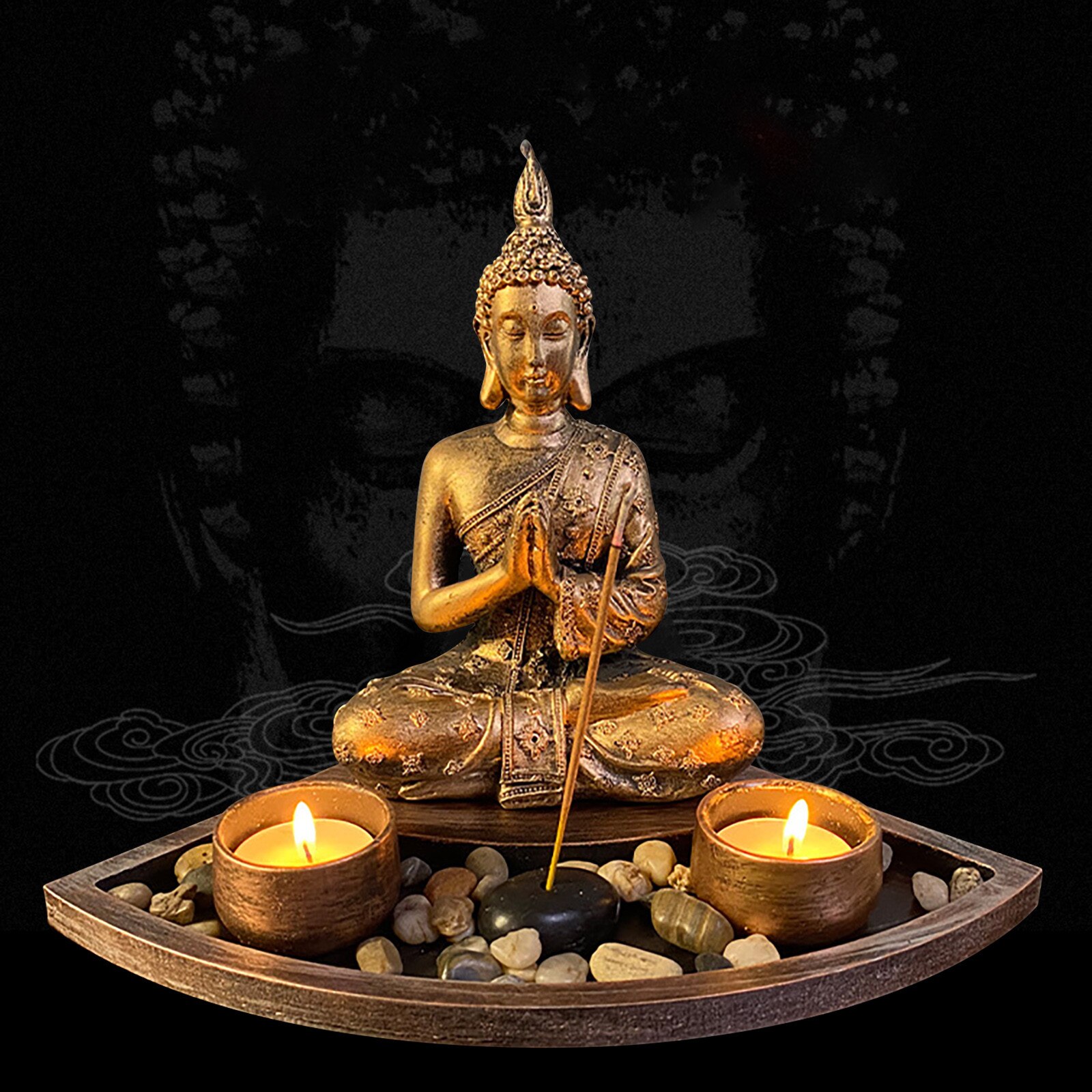 Buddha Head Sculpture Zen Garden Set Tealight Candle Holders Wooden Display Tray Home Accessories Year Decoration: C