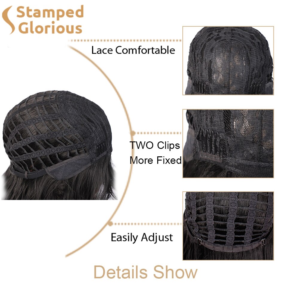 Stamped Glorious Bob Wig Black Synthetic Short Wavy Wig with Bangs Heat Resistant Fiber African American wigs for Women