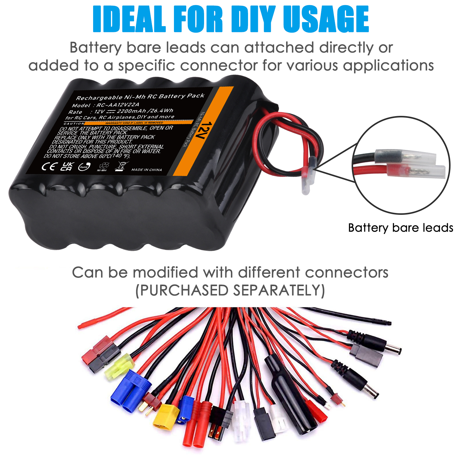 12V RC Battery with Bare Leads 2200mAh Ni-MH 10 Cells Rechargeable Battery for RC Car, RC Boat, RC Robot, RC Airplane, DIY