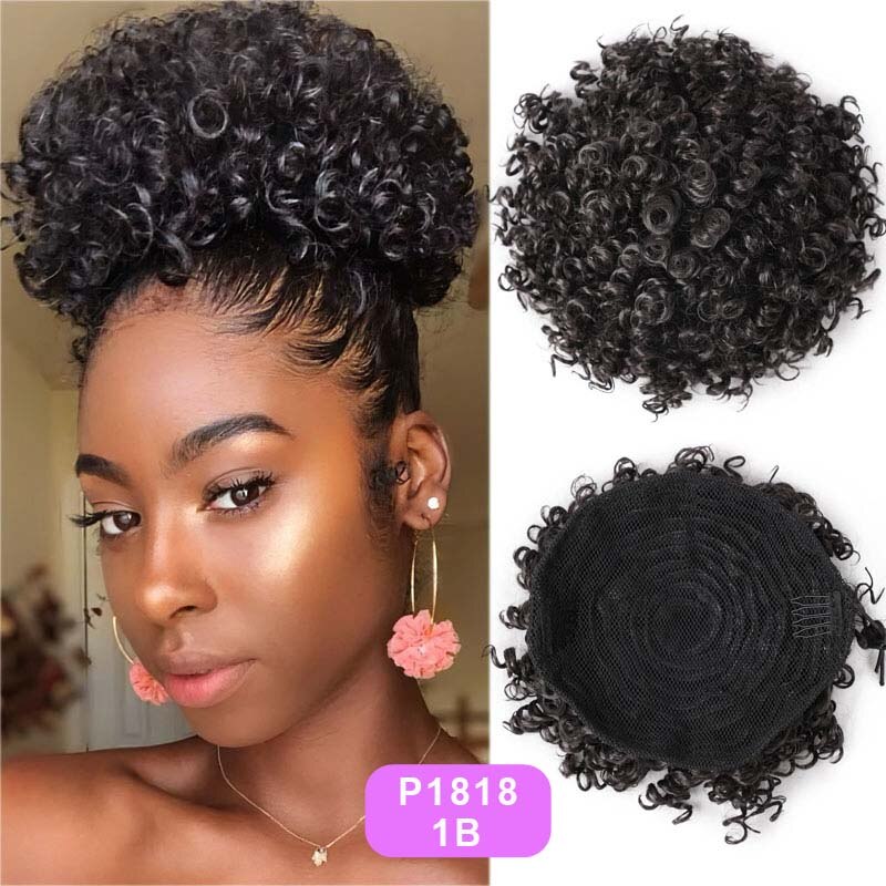 BEAUTY PROS High Puff Afro Curly Wig Ponytail Drawstring Short Afro Kinky Chignon Bun Hairpiece Pony Tail Clip In on: P1818-1B