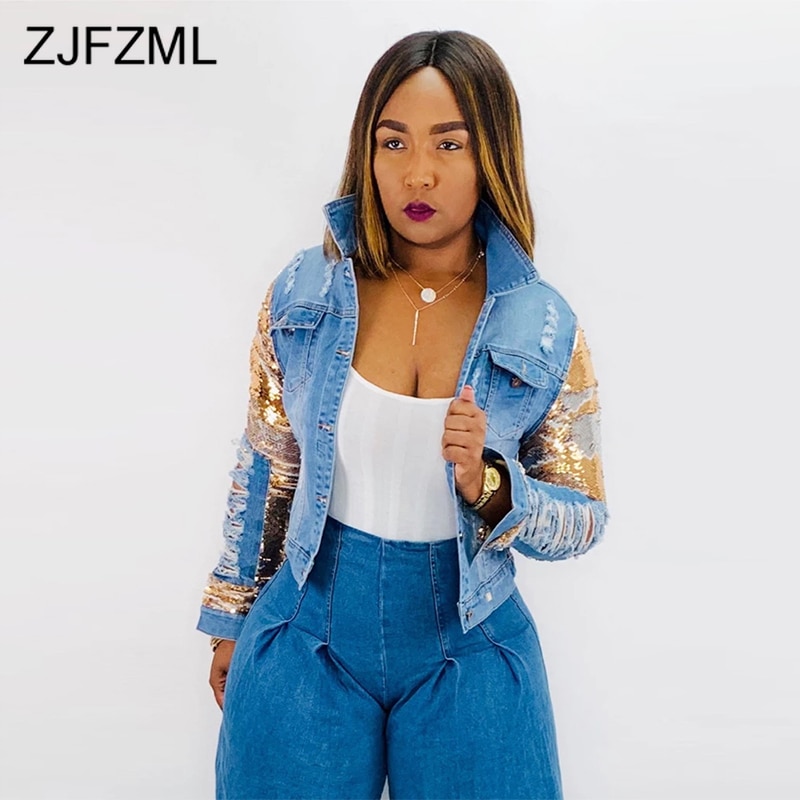 Gold Sequined Casual Denim Jacket Women Turn Down Collar Long Sleeve Washes Coat Autumn Winter Button Up Hole Short Outwear