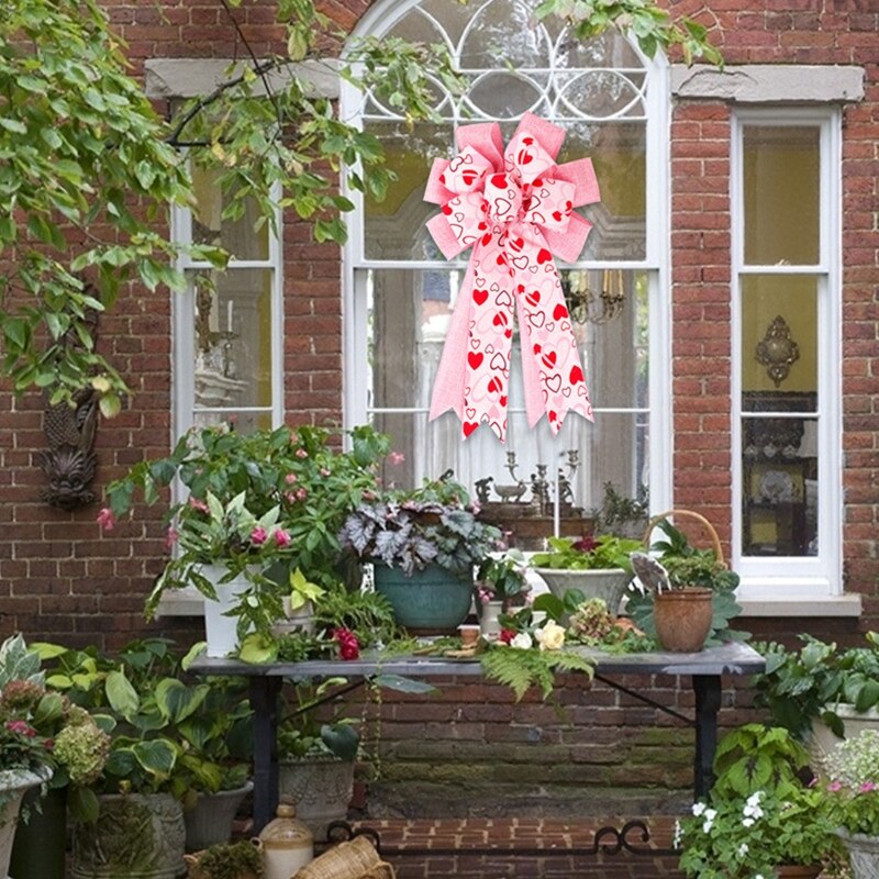 Q0KF Heart Printed Bow Pink DIY Valentine's Day Bows Decoration for Shop Garden Party