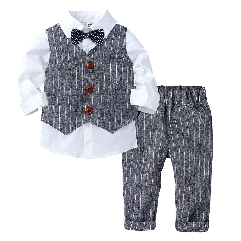 Guttedrakter blazere klær kommode til bryllup formell fest stripet babyvest skjorte bukser låve gutt yttertøy klær sett  zh140: Grå / 110