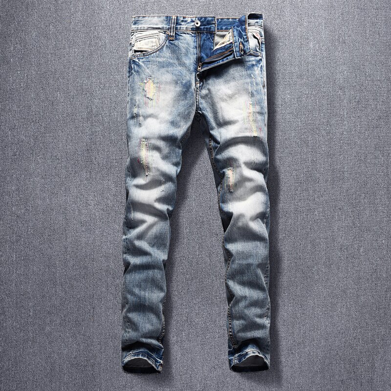 Italiaanse Stijl Mode Mannen Jeans Borduurwerk Ripped Denim Broek Lichtblauw Patchwork Hip Hop Lange Broek: 29