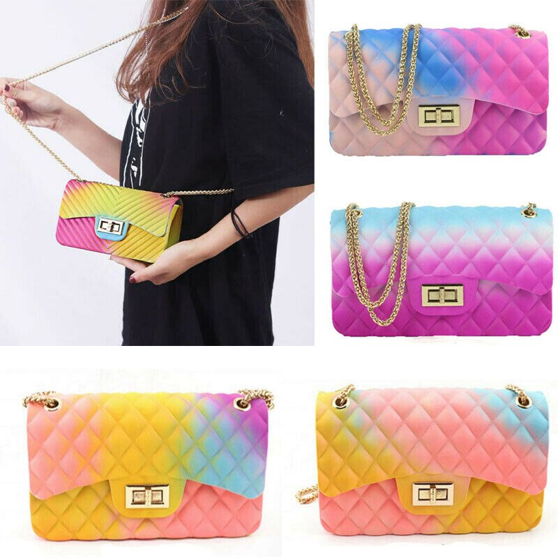 Women Ladies Jelly Chain Bag Women's Rainbow PVC Bag Shoulder Bag Handbag