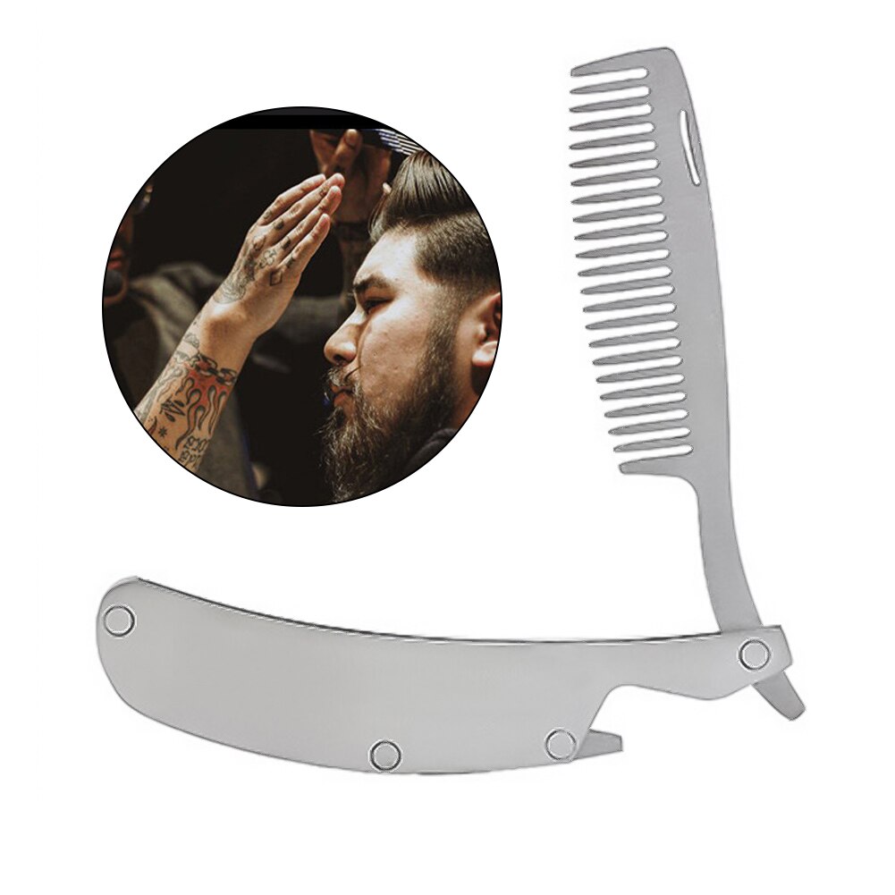 Peine para el pelo de acero inoxidable para hombre, peine plegable portátil para viaje, cabeza de aceite, peines de barba, producto de estilismo