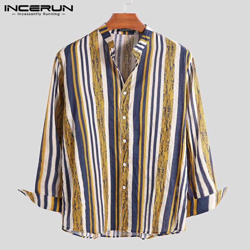 Incerun Vintage Gestreepte Mannen Shirts Lange Mouw Stand Kraag Blouse Man Katoen Chic Ademende Casual Shirts Lente Mens Camisa