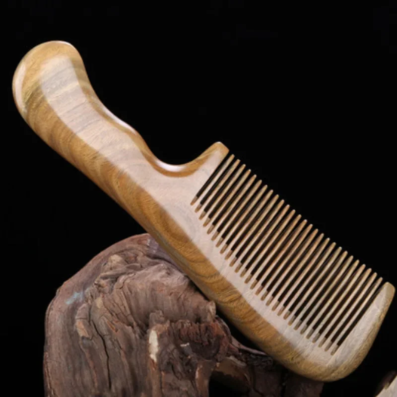 Peine de sándalo verde Natural de 19cm, peine de madera electrostático con mango largo para cabello rizado y liso, herramienta de peluquería antiestática