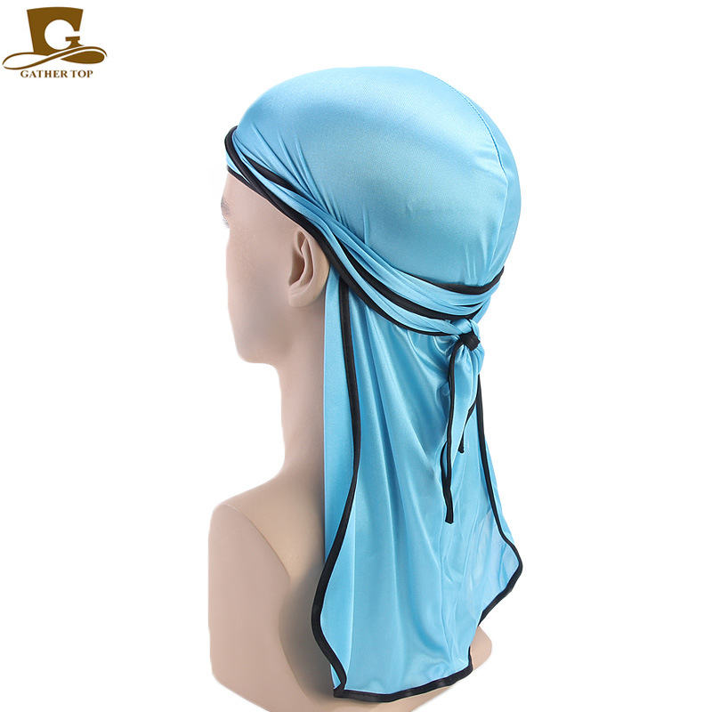 Unisex hombres mujeres satén transpirable Bandana sombrero sedoso Durag doo du trapo diadema de cola larga: Azul cielo