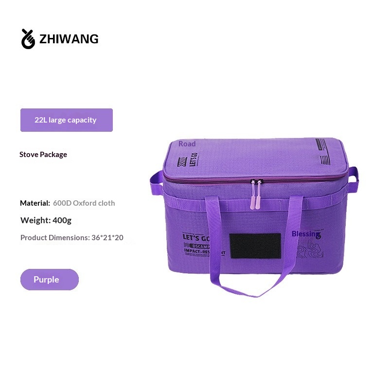 22L Camping-Aufbewahrungstasche mit großem FassungsvermöGen, 600D Oxford, wasserdicht, stoßfest, Tragetasche für Kocher, draussen-Kochgeschirr mit mehreren Fächern: violette Farbe