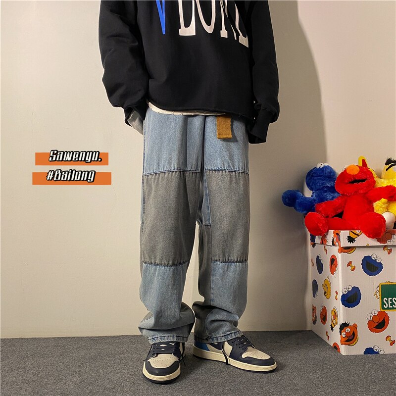 Jean Patchwork en Denim pour homme, pantalon noir et bleu, coupe décontractée, style Hip Hop, Baggy, droit, ample