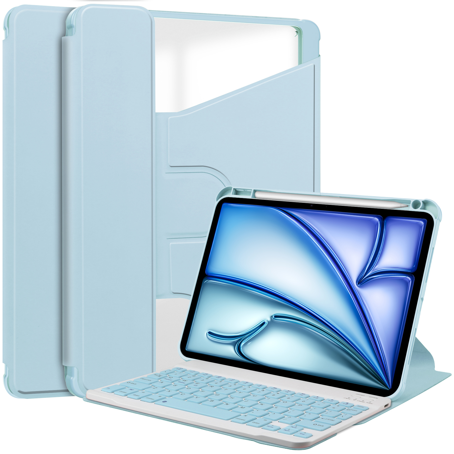 Tablethoes voor Ipad Air 13 2025 2024 Tablet Transparant 360 ° roterend toetsenbord lederen hoes: Ipad Pro12.9 / Sky Blue