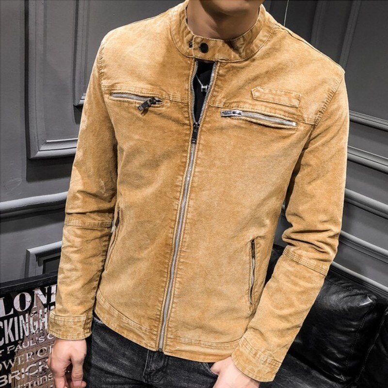 Cotton Men Slim Fit Denim Jacket Casual Stand Collar Long Sleeve Jacket Pocket Zipper Male Coat Plus Size M-3XL