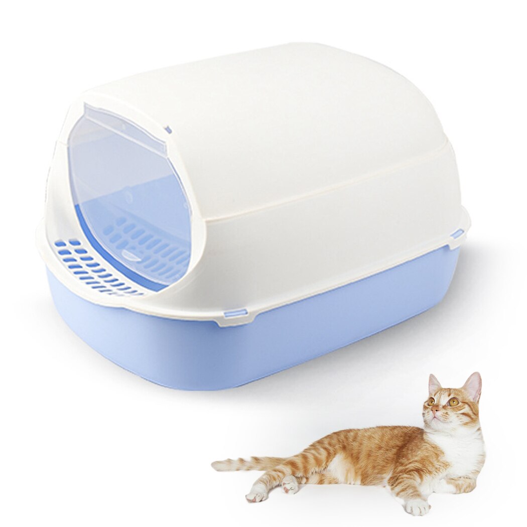 Toilettes Anti éclaboussures pour chat, 1 pièce, boîte à litière en plastique à capuche, parois hautes, pot, bac à litière pour animaux de compagnie, fournitures pour chats: Blue White 1