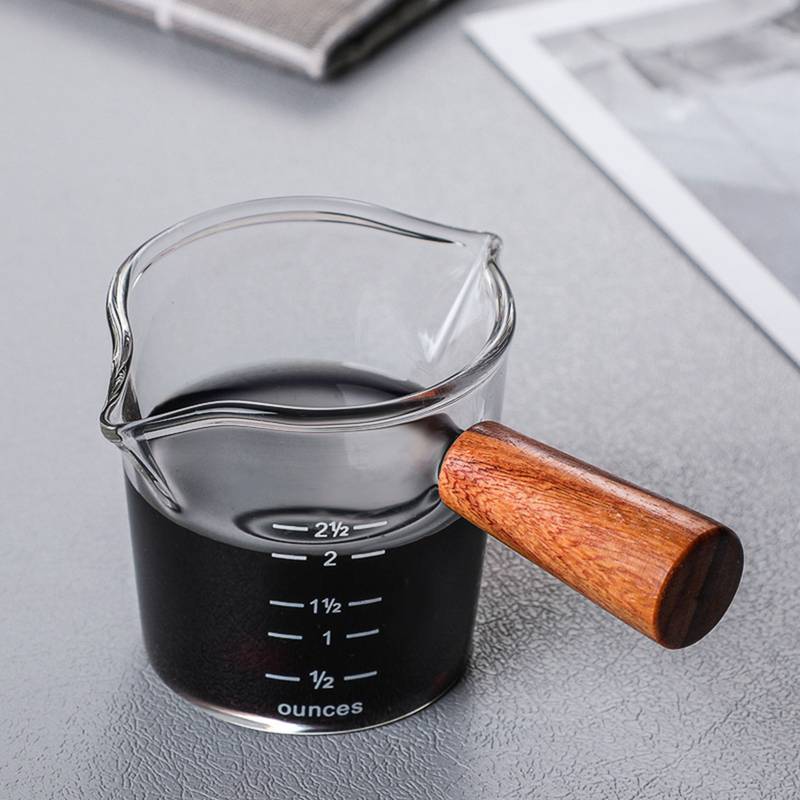 70/75ml hitzebeständigen Glas Espresso Messbecher Doppel Mund Glas Milch Krug Mit Holz Griff Glas skala Maßnahme Tassen