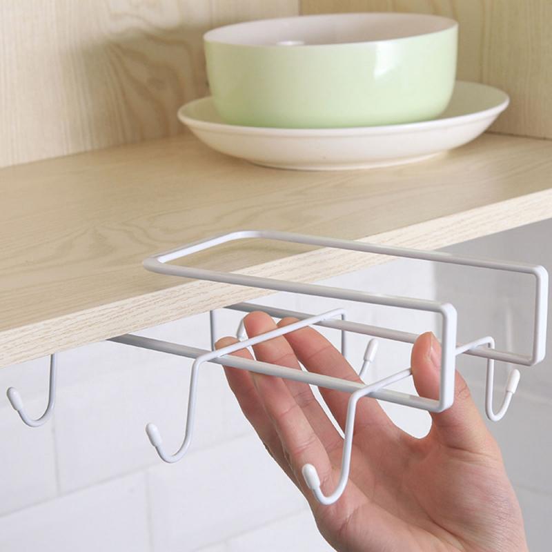Double 8 Hooks Mug Coffee Cup Under Shelf Metal Hanger Storage Rack Kitchen Cupboard Holders Paper Holders Kitchen Accessories