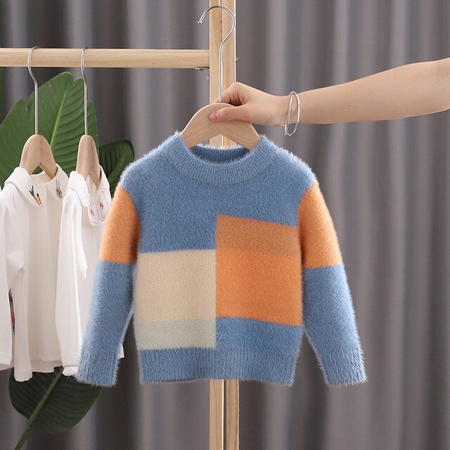 Børn baby drenge sweatere colour block strik pullover casual langærmede børne toppe småbørn piger tøj piger mohair sweater: Blå / 9m