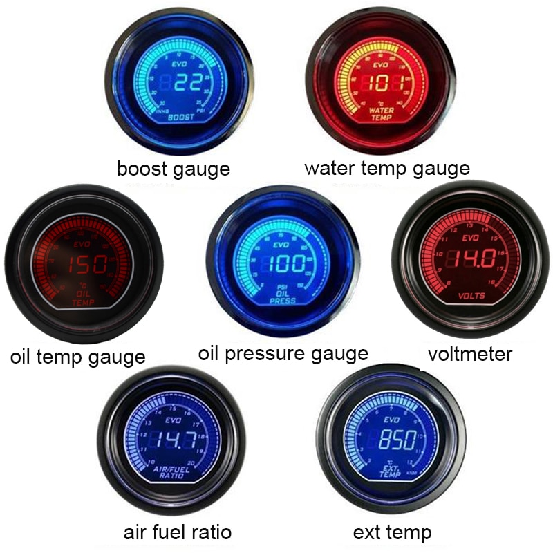 Digital 2 "52mm Turbo Manometer Auto Turbo Schub Messgerät PSI Wasser Temp Öl temperatur Öl Manometer Voltmeter Meter