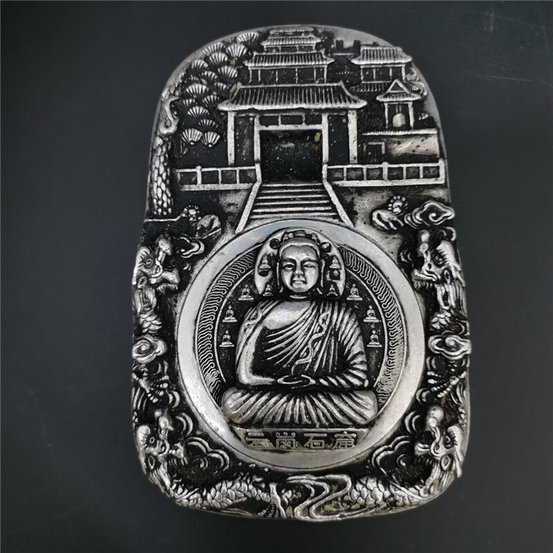 Chinese Oude Tibetaanse Silver Relief Inkstone Plaat Met Zilver De Boeddhabeeld Inkstone