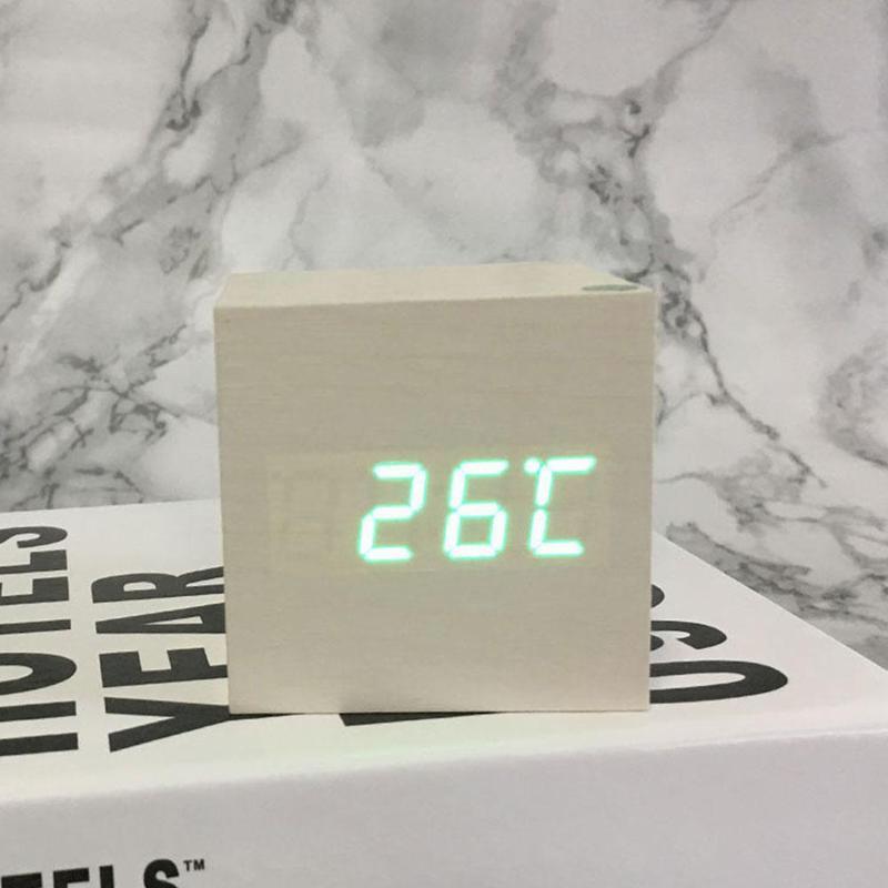 Reloj despertador de madera con cubo LED, alarma Digital con Control de sonido, temperatura 24 o 24 modos, pantalla de hora, 12 C4L3