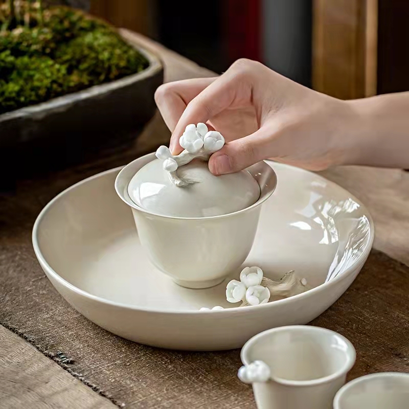 Handmade Pinch Flower Gaiwan Ceramic Tea Cup and Pot Holder Set Kung Fu Tea Set Tea Bowl Chinese Tea Maker Teacup Tea Canister