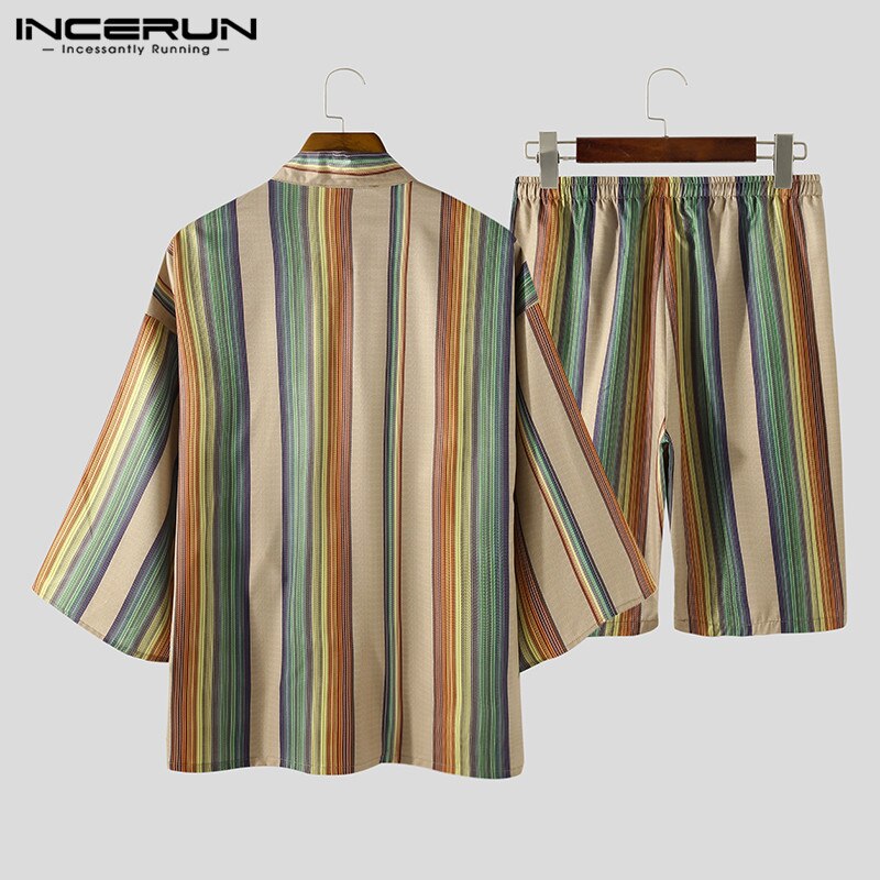 Hombre Retro Kimono Homewear trajes INCERUN hombres Vintage a rayas conjuntos de pijama 3/4 manga camisetas con lazo cordón pantalones cortos 2 piezas S-5XL