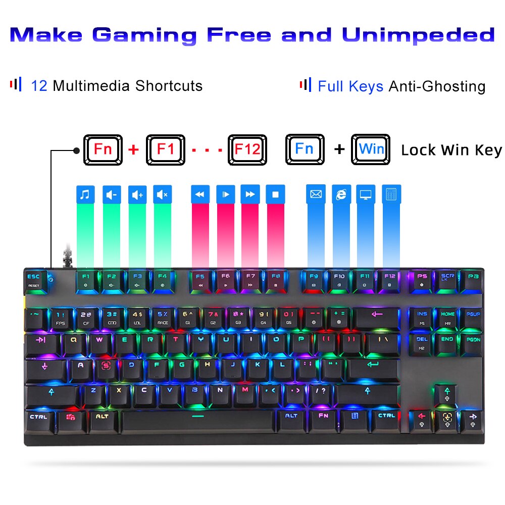 Oryginalna mechaniczna klawiatura gamingowa Motospeed CK82 USB przewodowa 87 klawiszy z podświetleniem RGB czerwony/niebieski przełącznik dla komputer stancjonarny Gamer