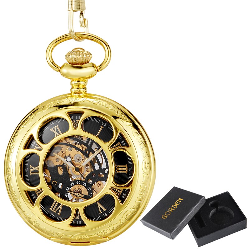 Gyldent guld mekanisk hånd vind lommeure blå romertal urskive mekanisk flip ur herre ur med fob kæde boks: Guld (med æske)
