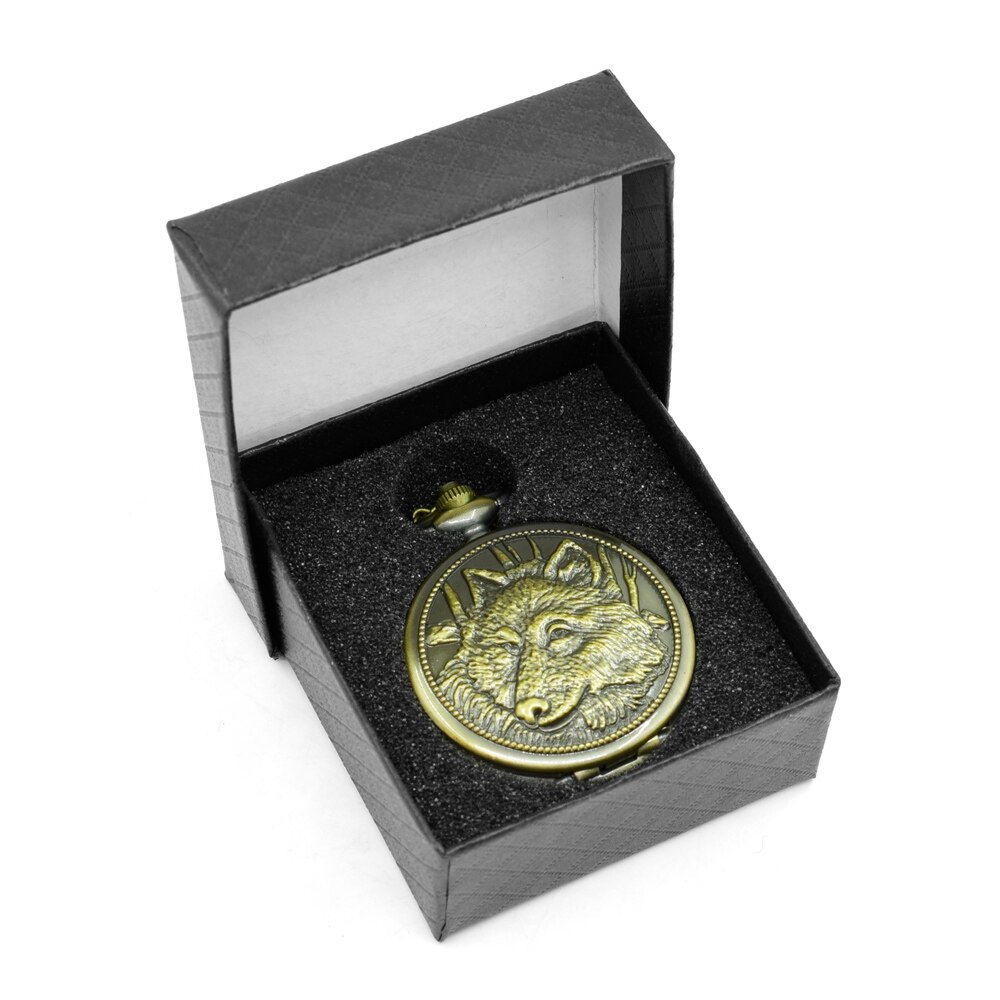 Cool Wolf Pocket Watch Vintage Retro Men Pocket Watch Emboss Round Bronze Alloy Quartz Dial Arabic Pocketwatch With chain: with paper box