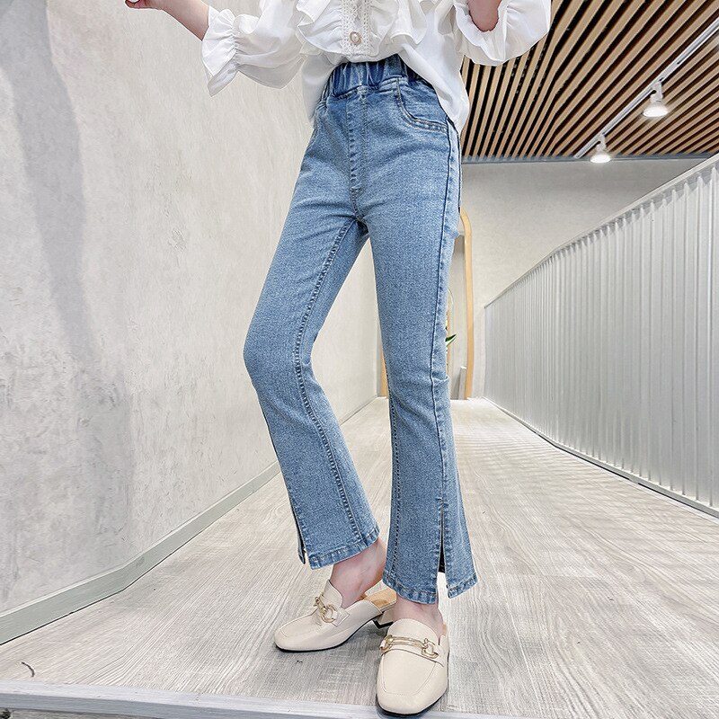Spring Summer Girls Jeans Kids Denim Trousers for Girls Skinny Stretch Jeans Children Bottom Small Slit Flared Pants: 13-14 Year Size 170