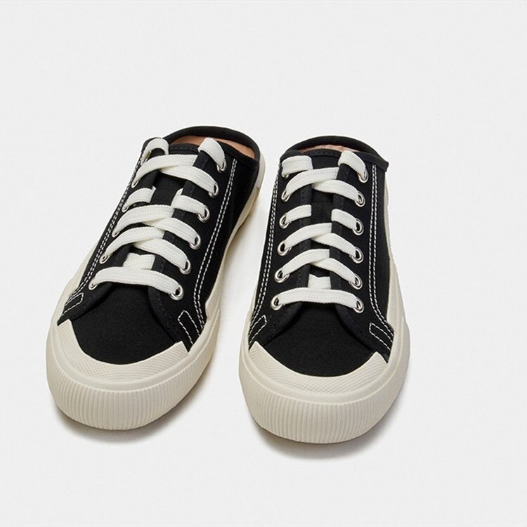 Women's Shoes Sports Canvas Shoes Flat-bottomed Half-drag Toe Cap Straps One-foot Lazy Muller Low Heel Shoes