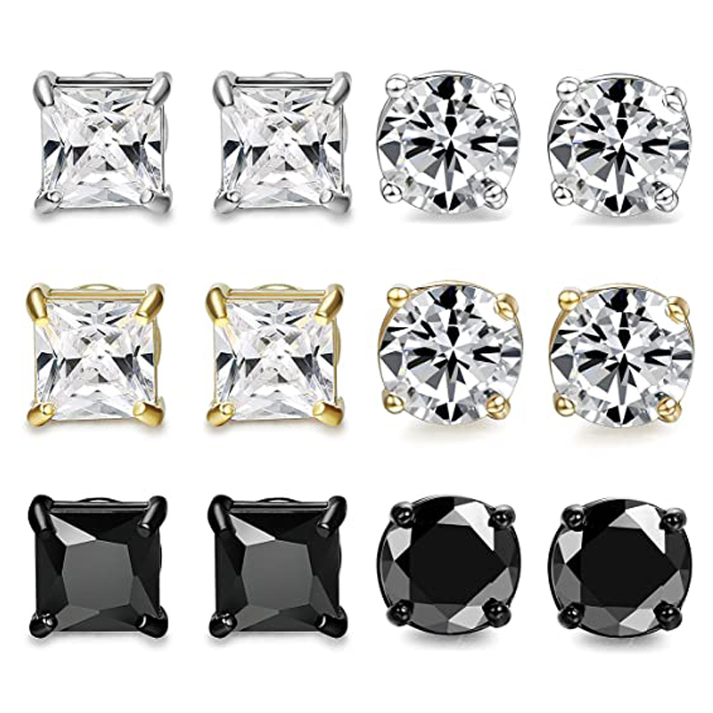 6 Pairs of Stainless Steel Magnetic Stud Earrings Male Female Zircon Magnet Non-perforated Clip Earrings Set Black Steel Gold