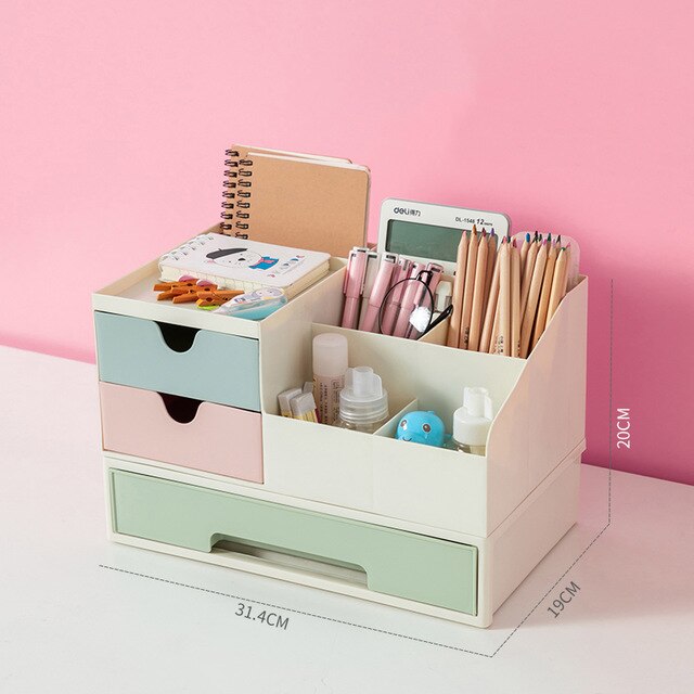 Cosmetic storage box cosmetic table storage box jewelry box plastic drawer dividing rubber band lipstick finishing rack: Blue-Pink-Green