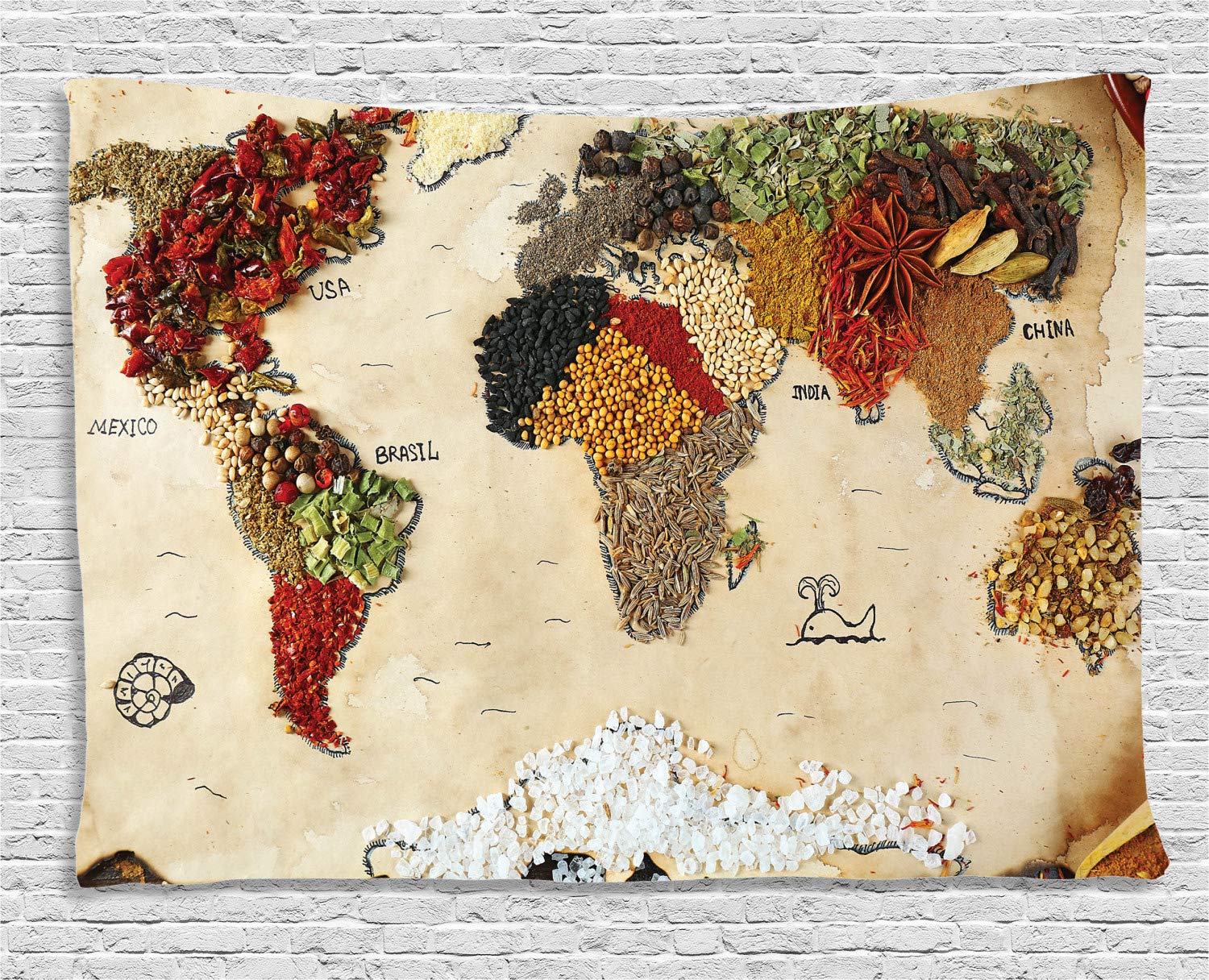 Wereldkaart Tapestry Kaart Van Wereld Verschillende Kruiden Met Voedsel Bohemian Stijl Kunstwerk