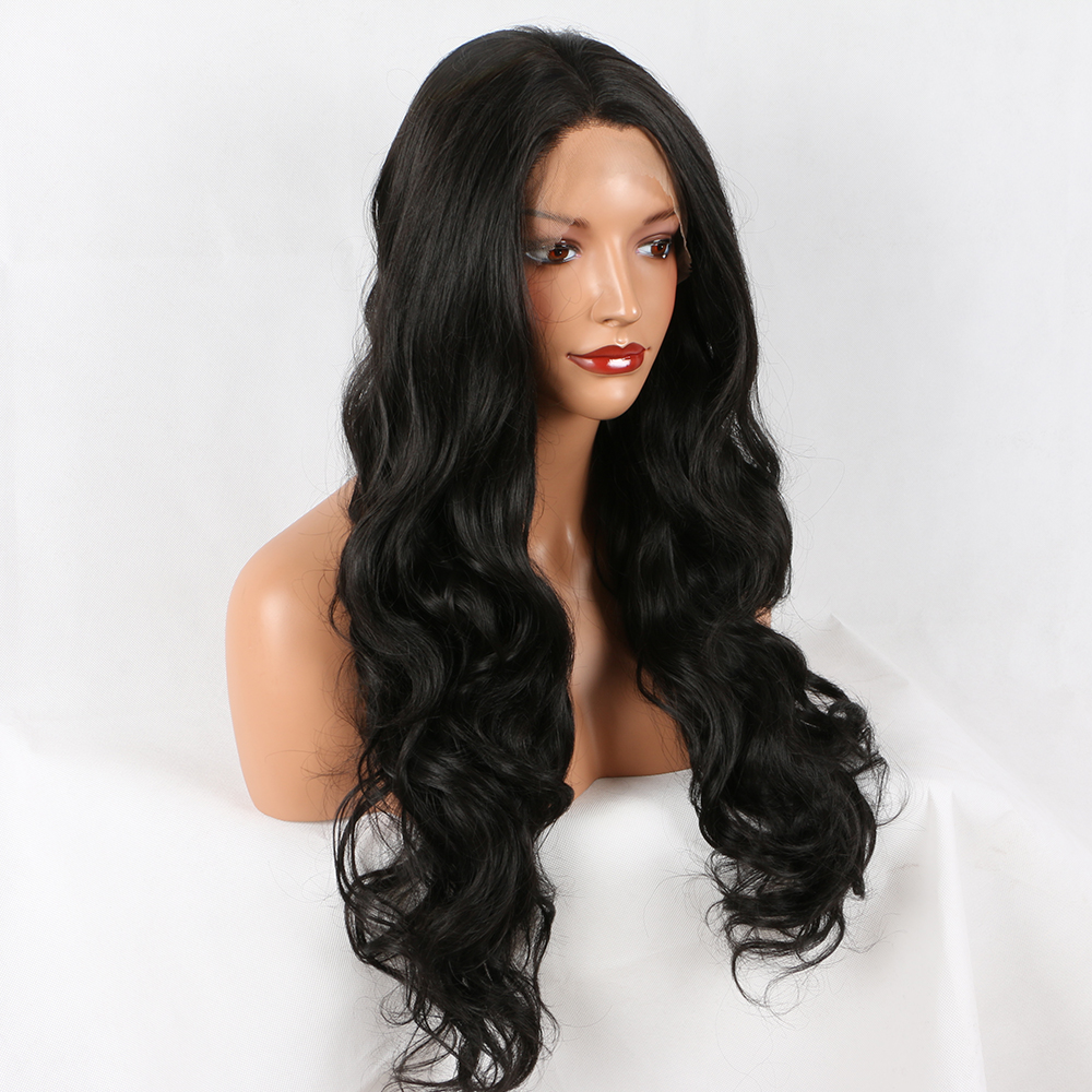 Perruque Lace Front Wig synthétique sans colle | Perruque fantaisie Beauty Black # 1B, perruque ondulée naturelle longue et souple, perruque résistante à la chaleur pour femmes