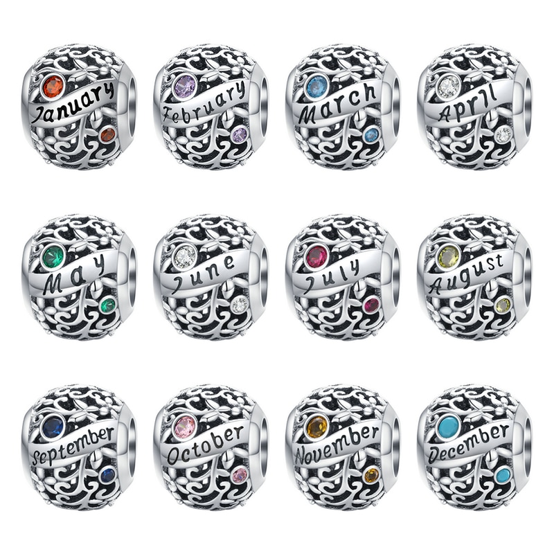 Birthstone Beads BISAER 925 Sterling Silver Birthday Stone Beads Birthstone Charms fit Bracelets DIY Jewelry ECC1385