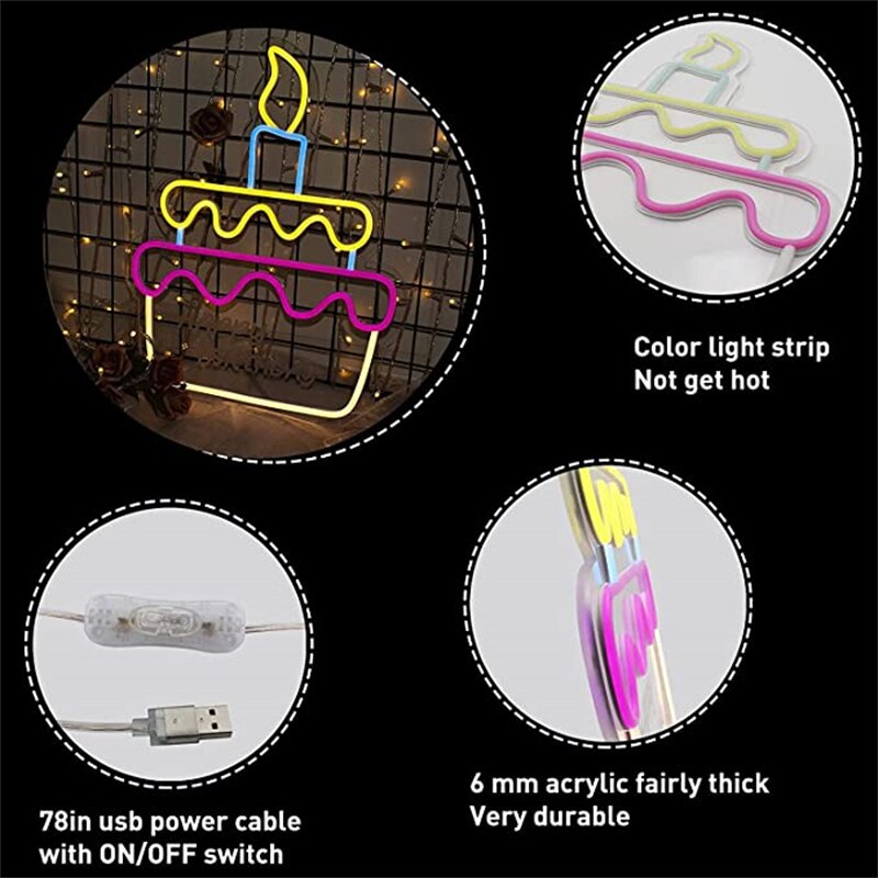 Ineonlife – signe néon joyeux anniversaire, gâteau lumineux LED acrylique pour décoration murale, de fête d&#39;anniversaire pour adolescentes