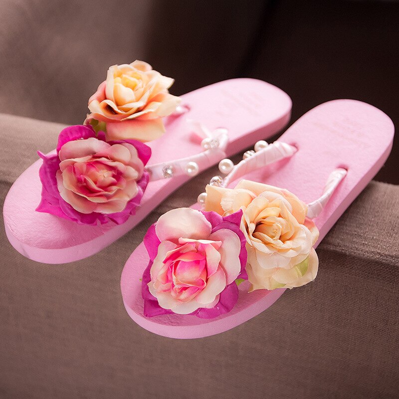 3cm High Heel Women's Summer Pure Handmade Flower Sandals Beach Vacation Flip-flops Womens Slippers Indoor Flip Flops Women: Pink / 35