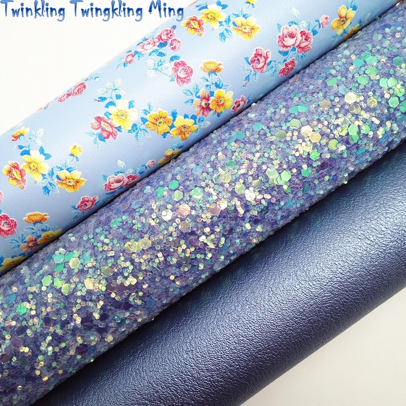 Blauw Glitter Fabirc, Bloemen Gedrukt Faux Leer Stof, synthetisch Leer Stof Lakens Voor Boog A4 8 "X 11" Twinkling Ming XM375