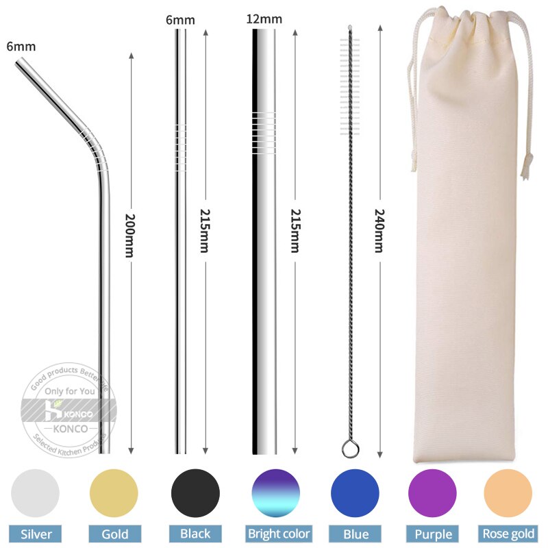 Konco Metal Straws Stainless steel reusable Straw Tea Coffee drinking Straws with clean brush Portable straw bags