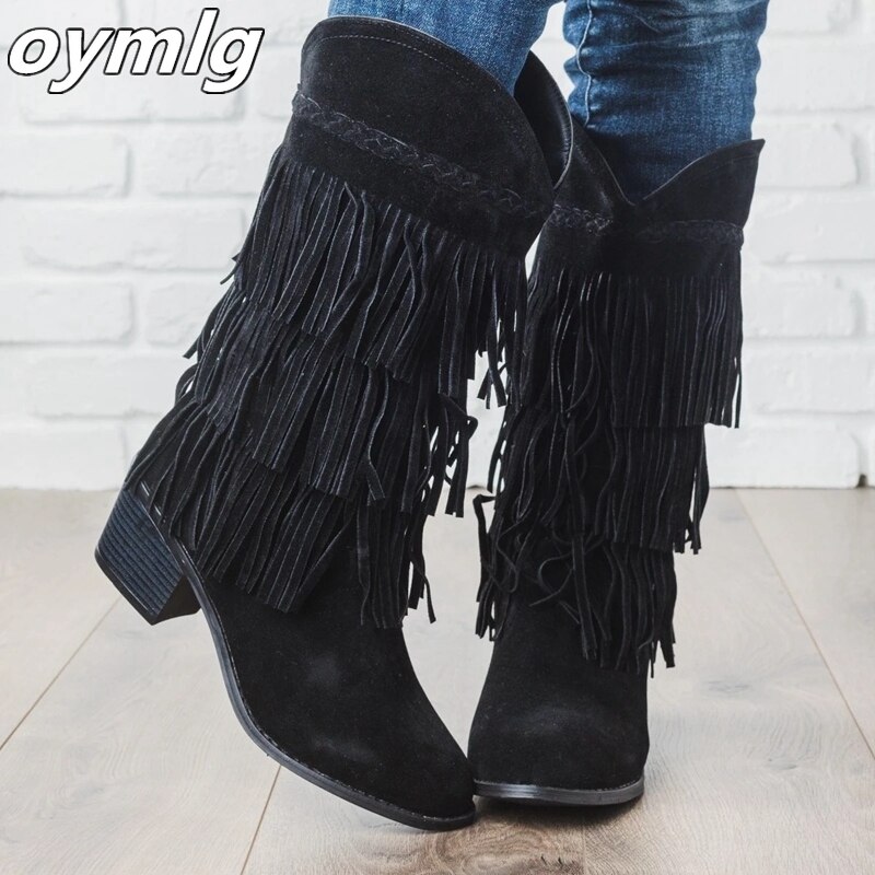 Vrouwen bohemian boho hak laars etnische vrouwen kwastje franje imitatie suède meisjes leren enkellaarsjes platte schoenen laarsjes