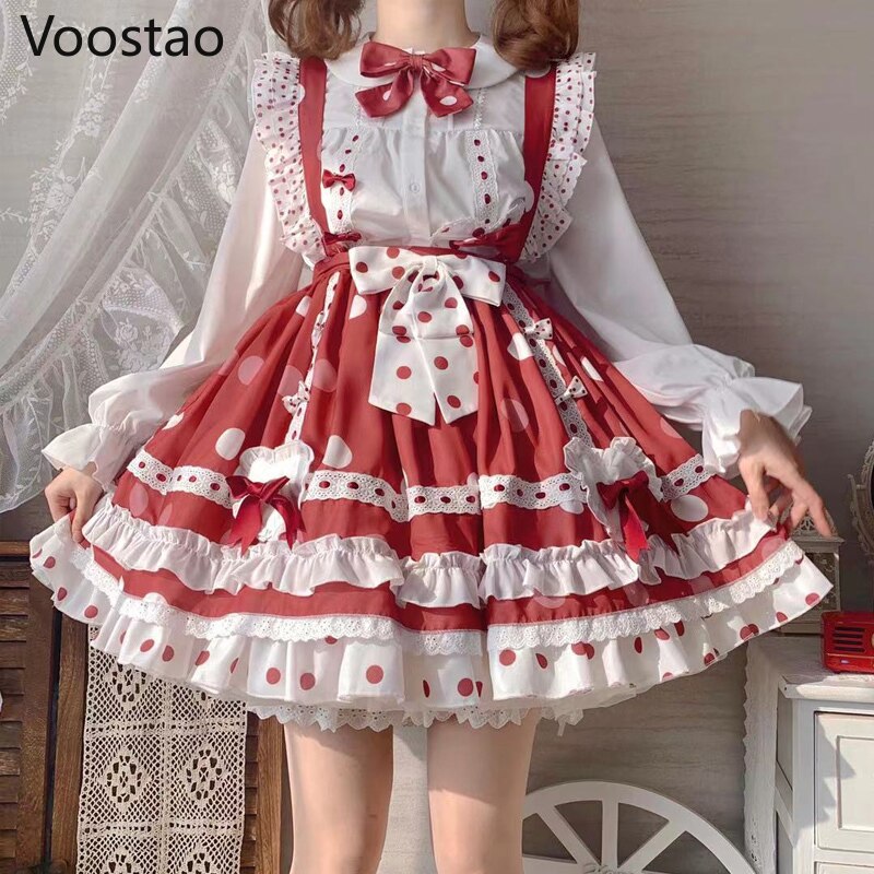 Vestido de estilo japonés gótico de Lolita para mujer, ropa Kawaii con estampado de puntos, fresa dulce, Harajuku, femenino, con tirantes