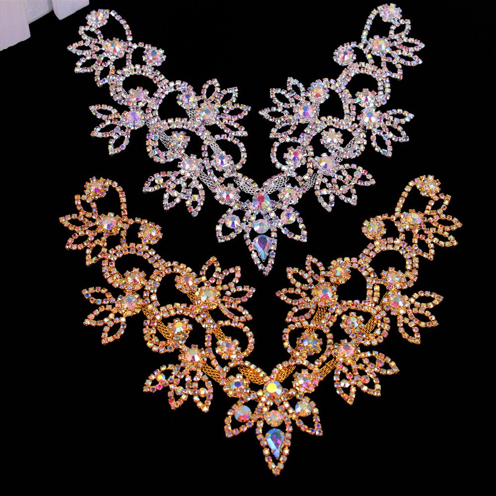 Luxury Handmade Neckline AB Rhinestone Applique Fancy Clothes Flower Applique for Wedding Dress Headband Garter Garment Jewelry