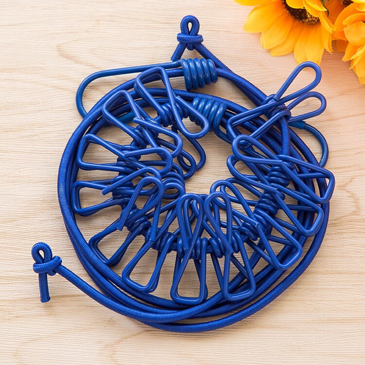 Retractable Clothesline Elastic Washing Line With 12 Clips Home Socks Underwear Clothes Hanger Windproof Stretch Drying Rack: Blue