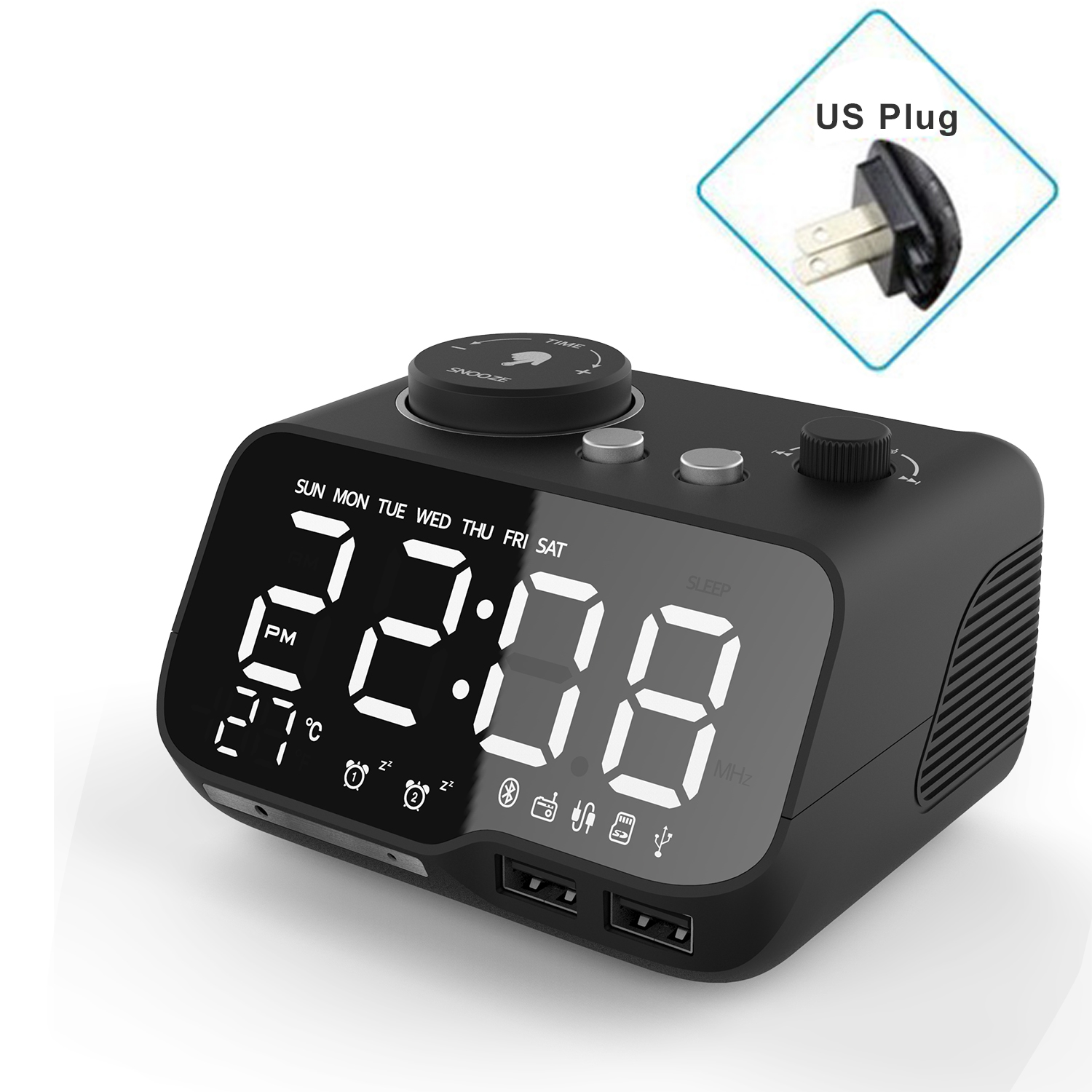 Miclock【actualizado-reloj despertador con cargador USB, despertador Digital LED con Radio FM, Altavoz Bluetooth, temperatura, repetición: Black-US Plug