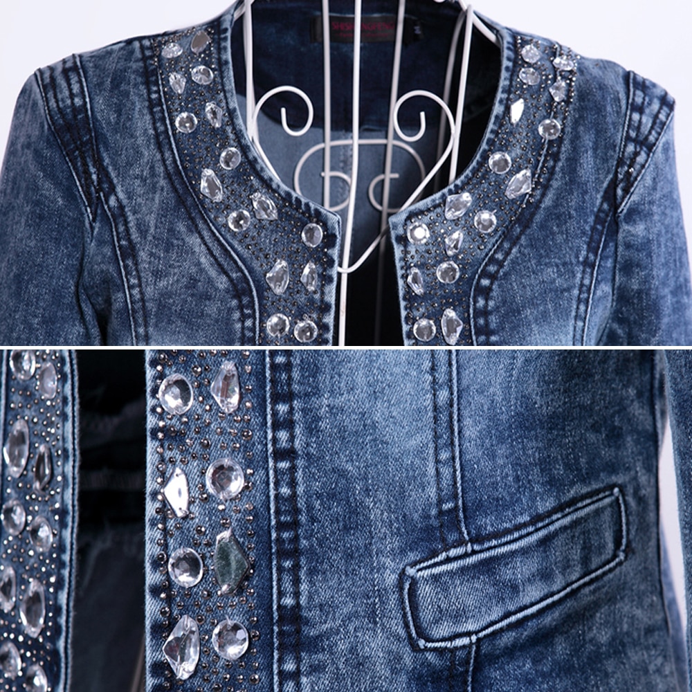 Denim Jackets for Women Diamonds Paillette Woman Coats Blaser Vintage Water-Wash Casual Lady Jeans Cardigan Jaqueta Feminina