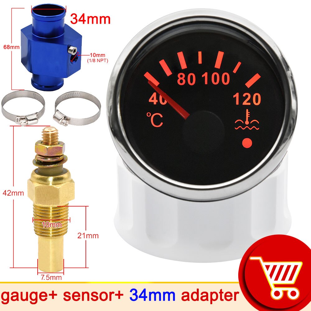 52mm Water Temp Gauge with Alarm Light 40-120℃ Truck Moto Car Temperature Sensor 10mm Water Coolant Temperature Sensors Adapter: With 34mm adapter